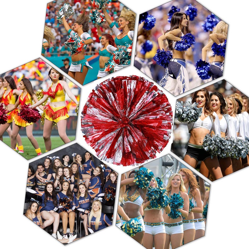 Ueerdand Pack of 4 Cheerleading Pom Poms Foil Plastic Metallic Cheerleader Pom Poms for Cheer Sport Kids Adults Team Spirit Cheering (Red/Silver) - Image 4